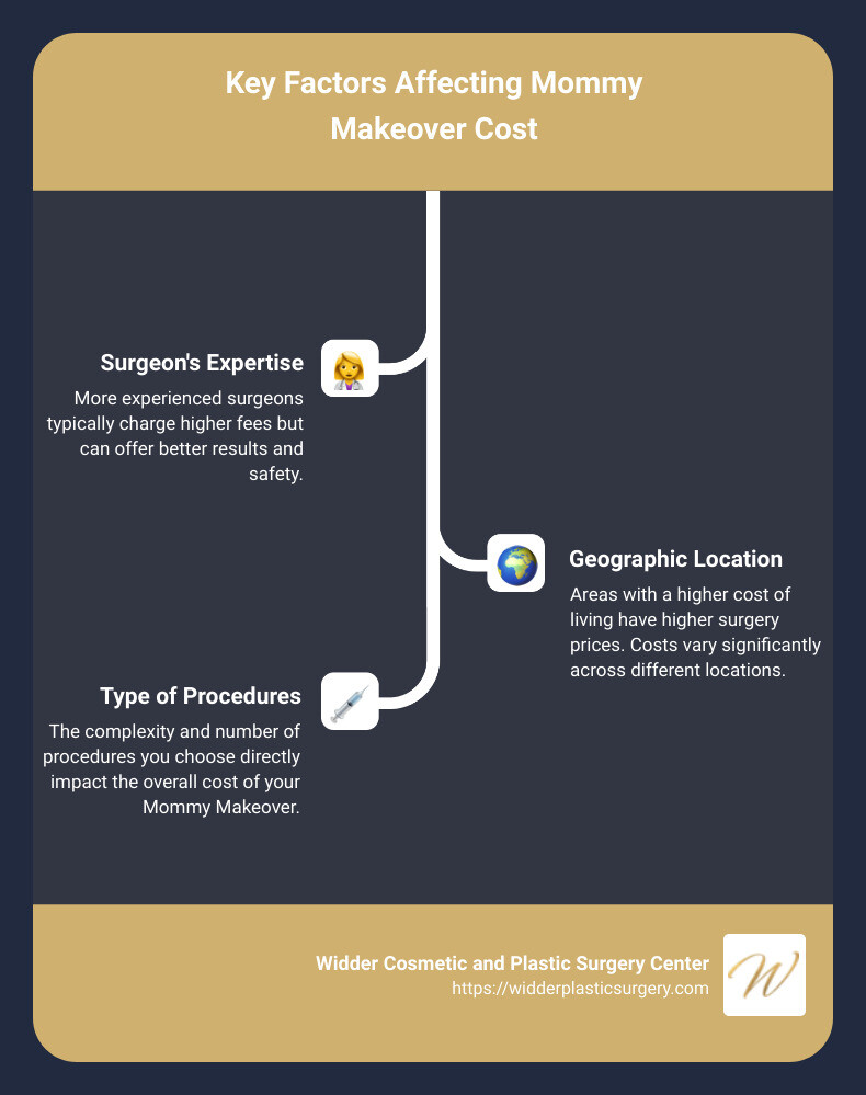 Infographic detailing the factors that affect the cost of a Mommy Makeover including geographic region, surgeon's experience, and number of procedures involved - mommy makeover cost near me infographic infographic-line-3-steps