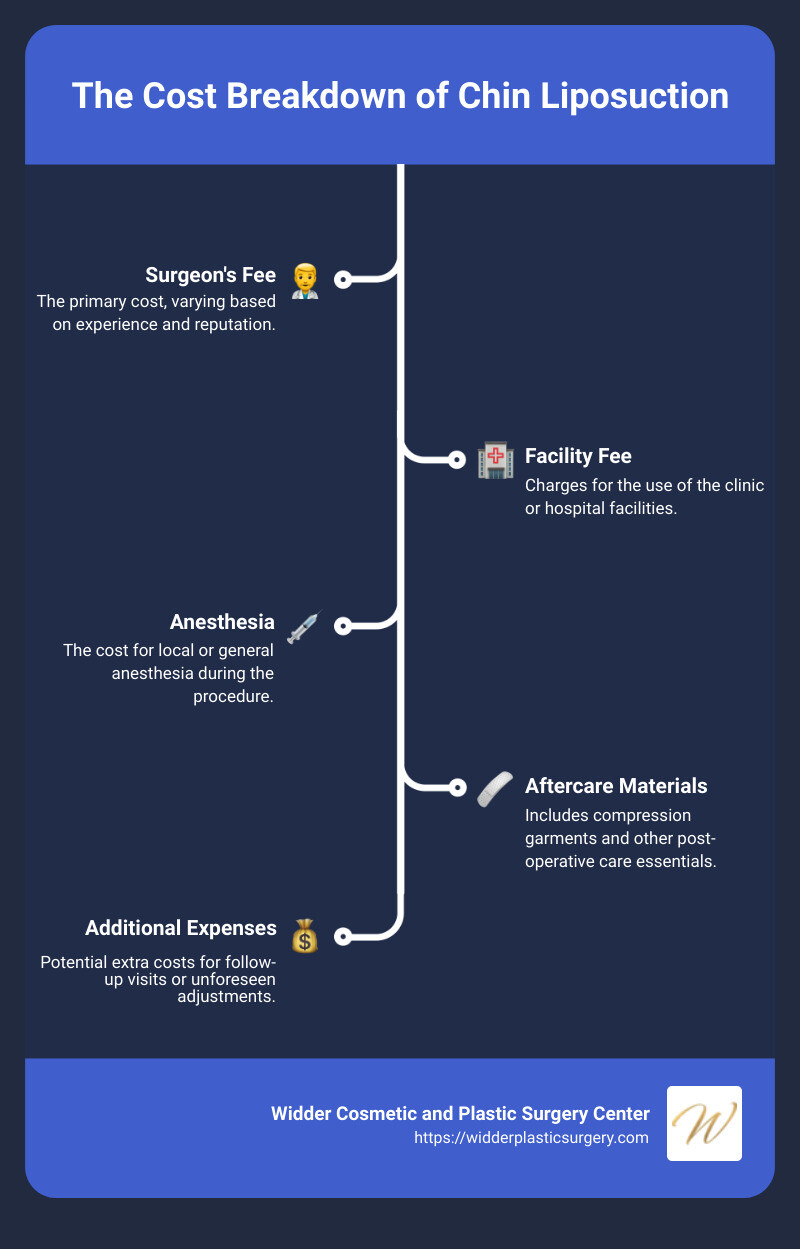 Infographic detailing the cost breakdown of chin liposuction including surgeon's fees, facility fees, and additional expenses like aftercare and recovery support materials - how much does chin lipo cost infographic infographic-line-5-steps